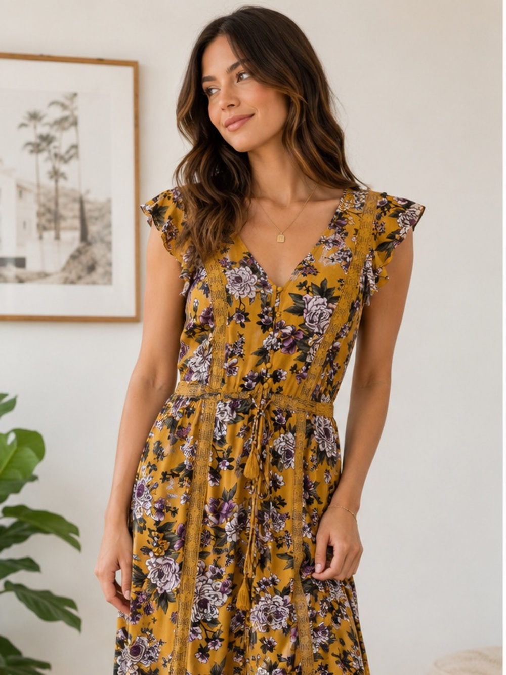 American Eagle Outfitters Mustard Floral Maxi Dress with V-Neck - Medium